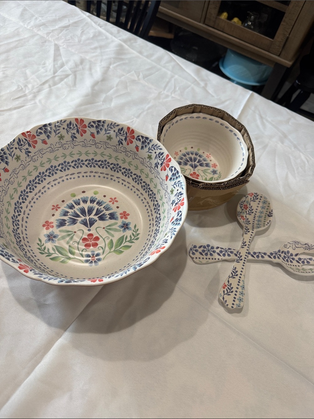 Floral Ceramic Serving Bowl and Spoon Set - Blue, Red, Green